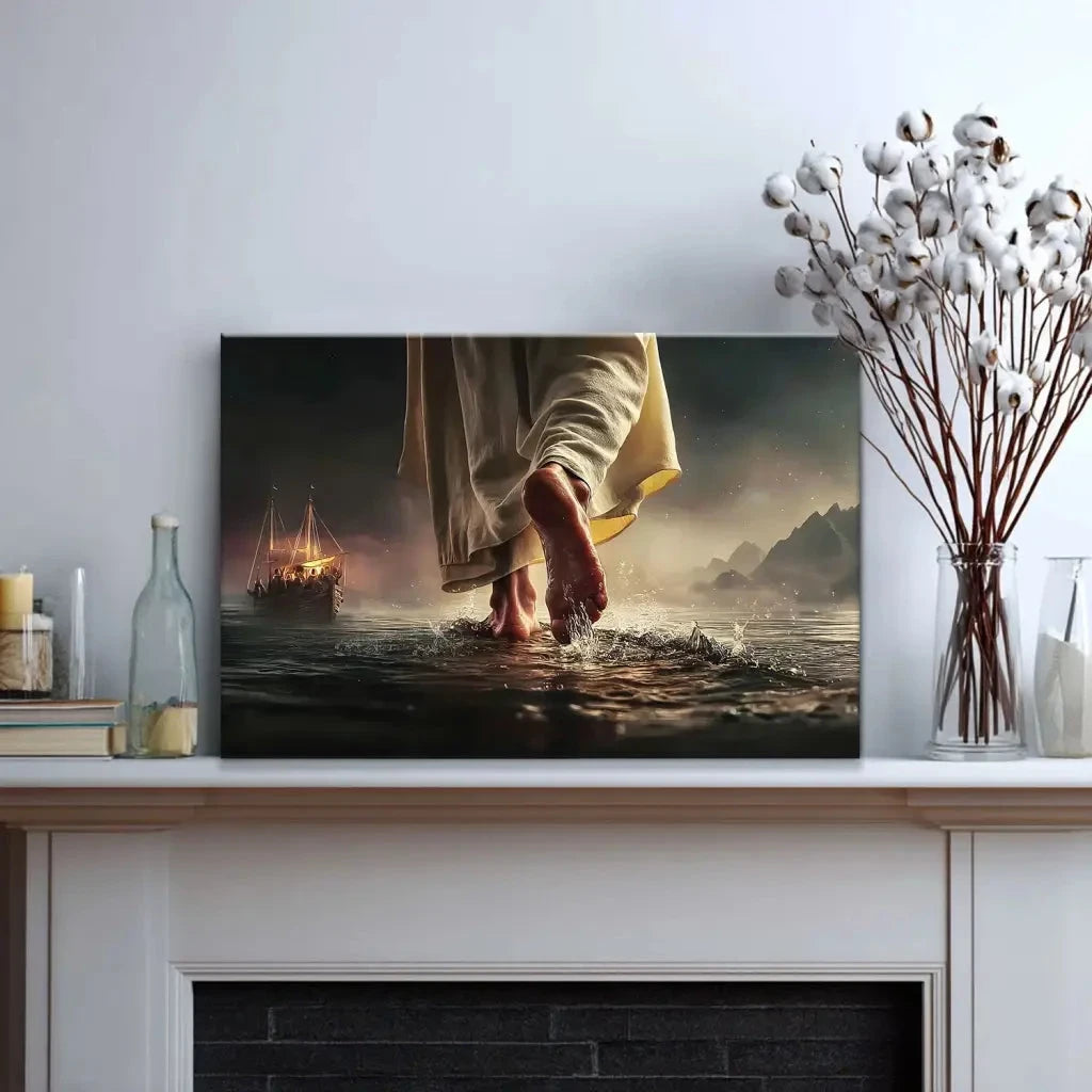 find peace in the storm jesus walking on water christian wall art canvas (Landscape) (view 3)