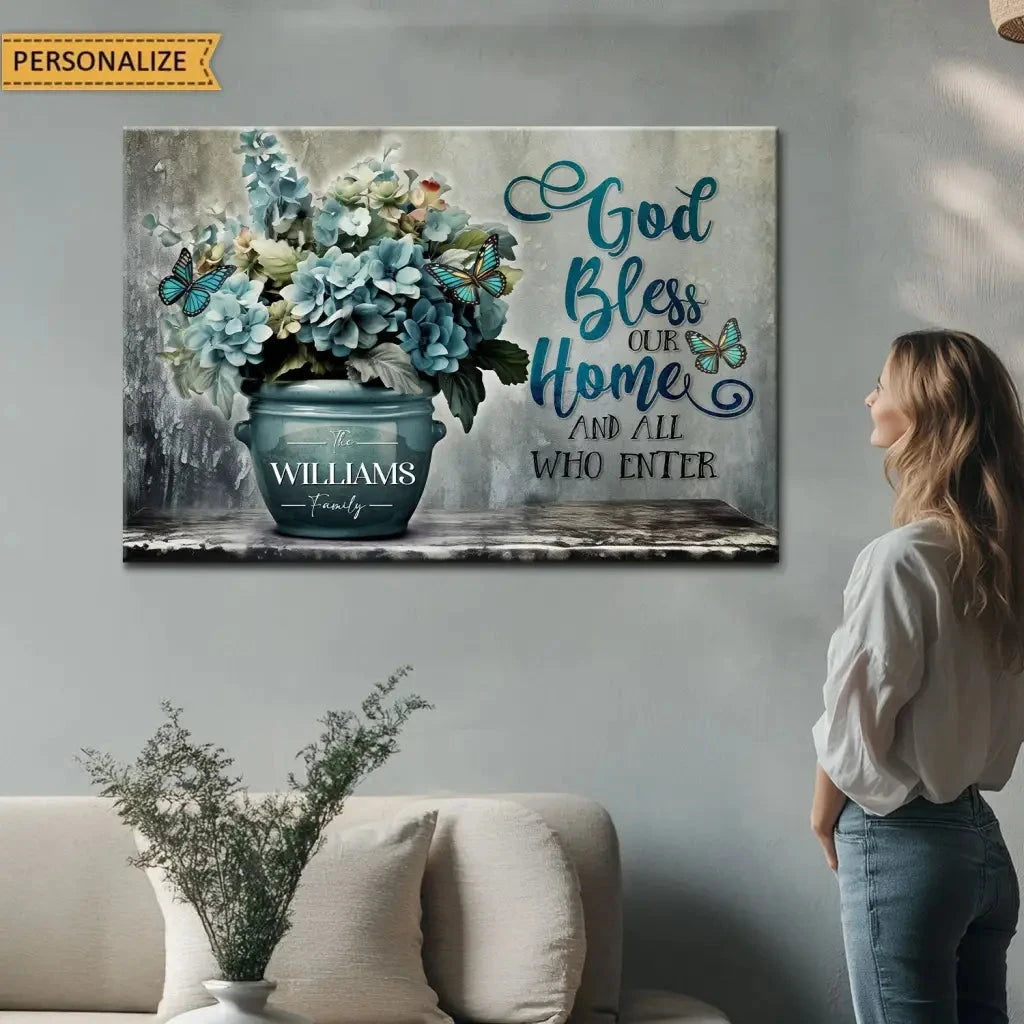personalized god bless our home family name wall art canvas print (Landscape) (view 4)
