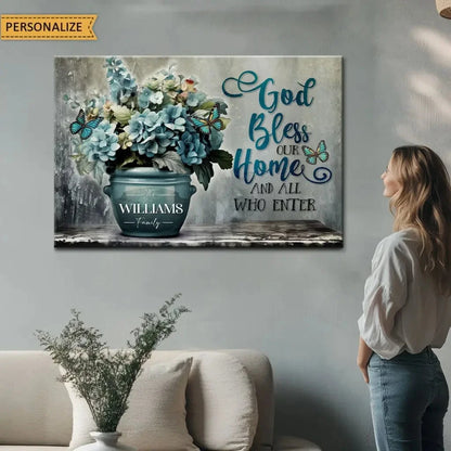 personalized god bless our home family name wall art canvas print (Landscape) (view 4)