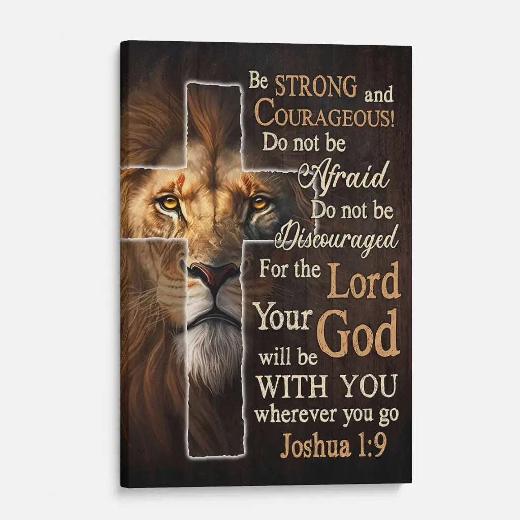 lion of judah joshua 1 9 be strong and courageous christian wall art canvas print (view 2)