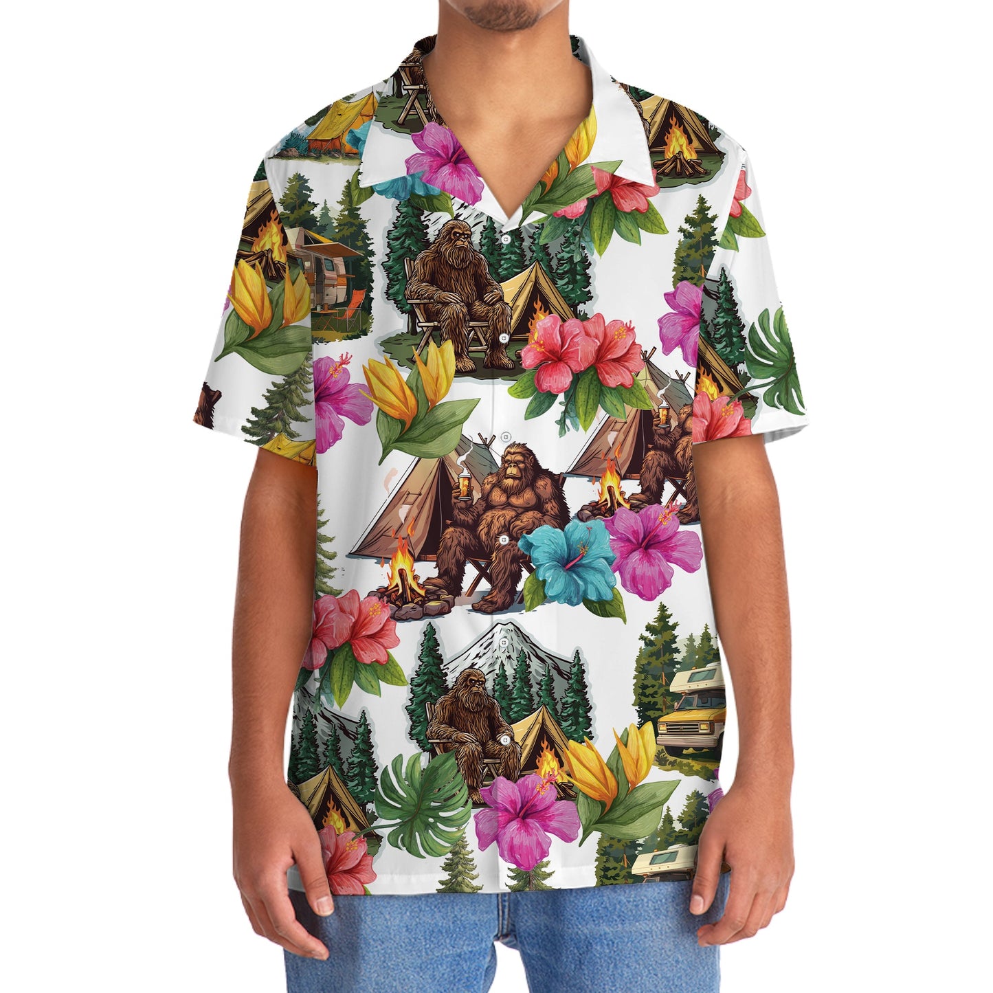 Bigfoot Camping Tropical Hawaiian Shirt