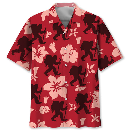 Bigfoot Hiking Red Hibiscus Hawaiian Shirt
