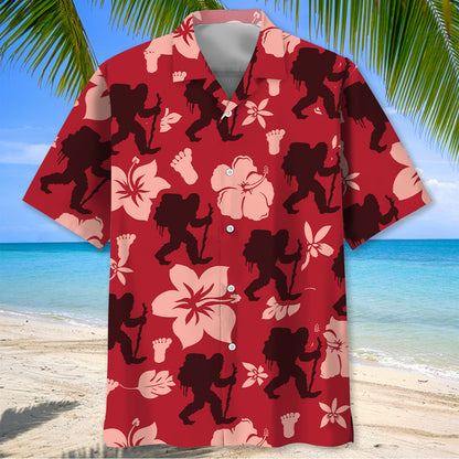 Bigfoot Hiking Red Hibiscus Hawaiian Shirt