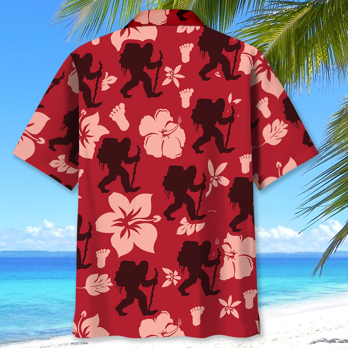 Bigfoot Hiking Red Hibiscus Hawaiian Shirt