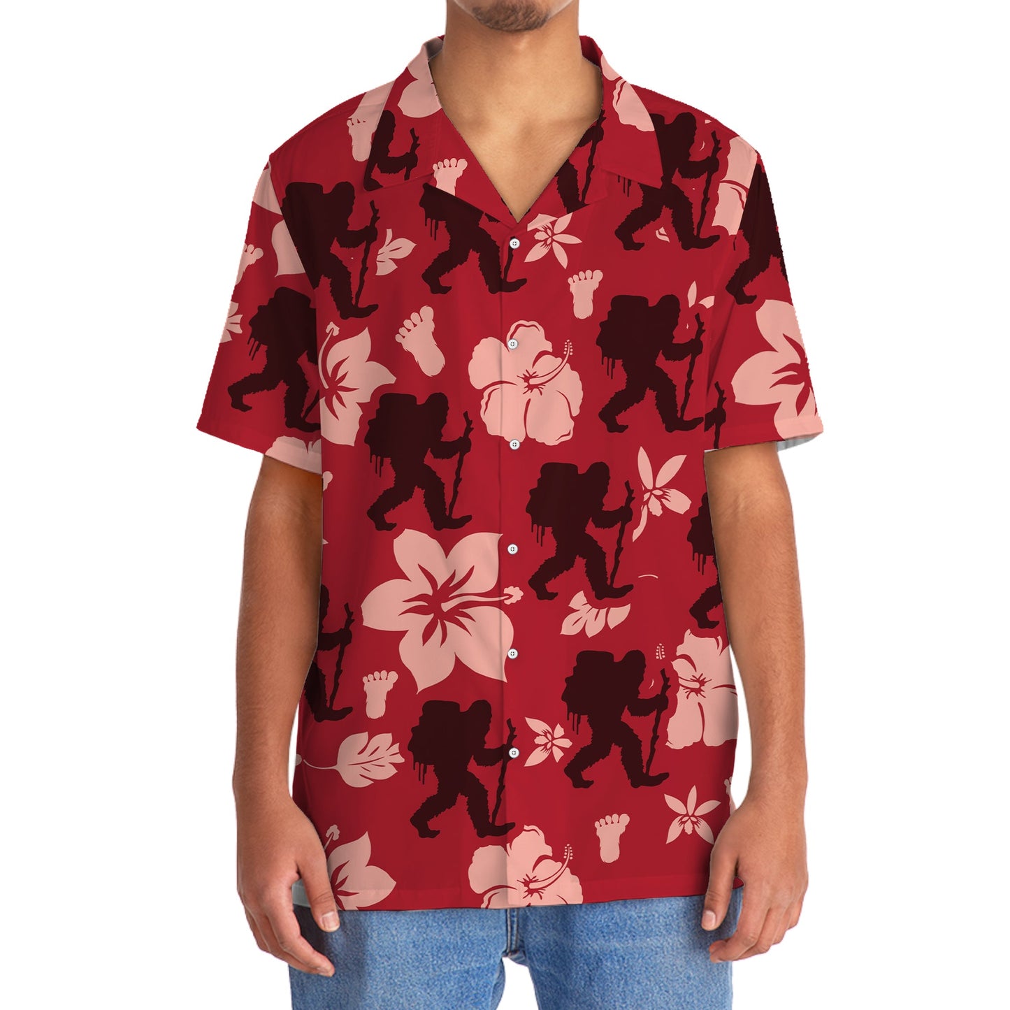 Bigfoot Hiking Red Hibiscus Hawaiian Shirt