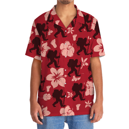 Bigfoot Hiking Red Hibiscus Hawaiian Shirt