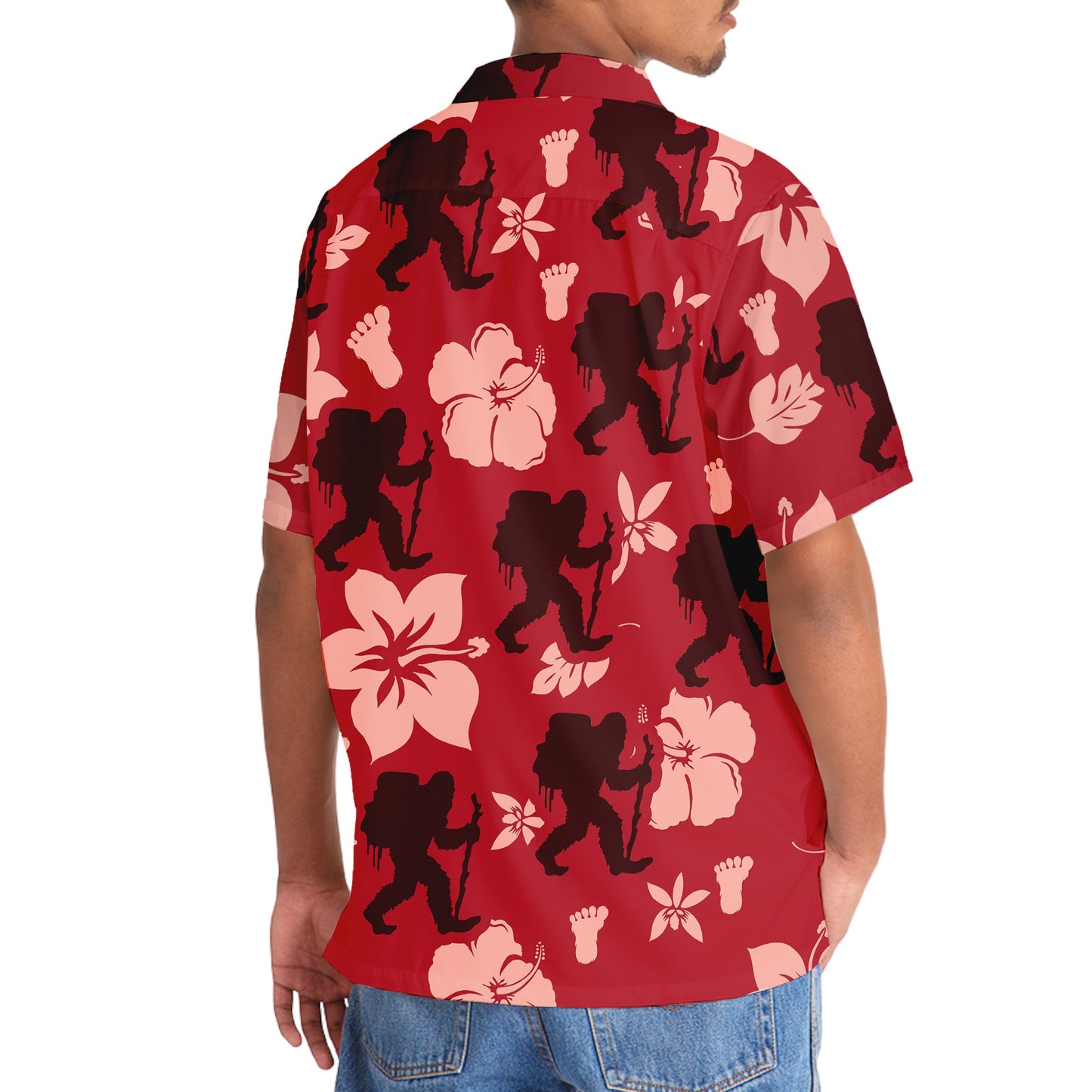 Bigfoot Hiking Red Hibiscus Hawaiian Shirt