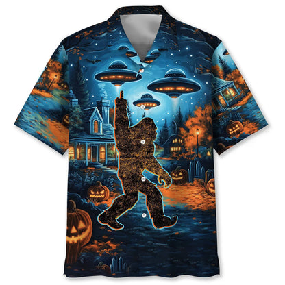 Bigfoot in a Horror Night Hawaiian Shirt