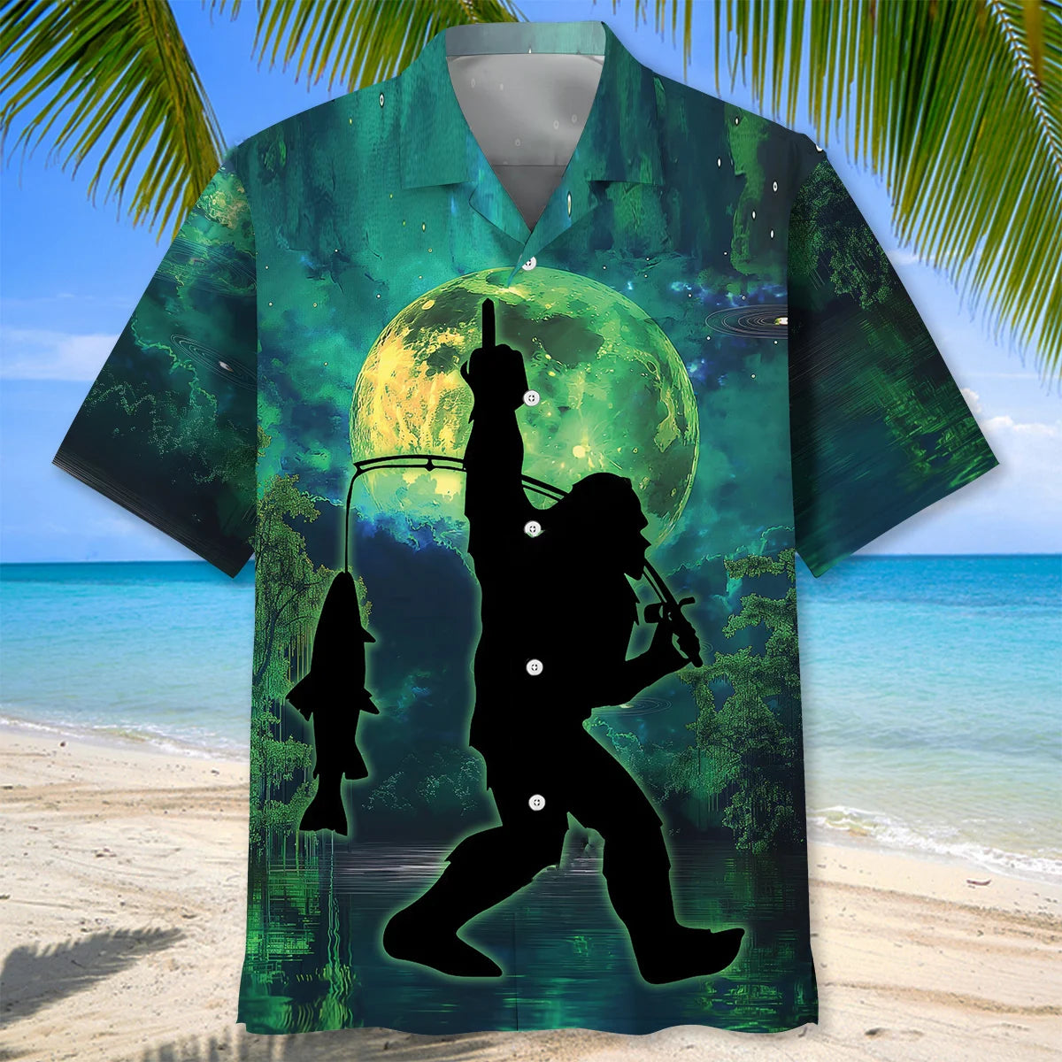 Bigfoot Night Fishing Hawaiian Shirt