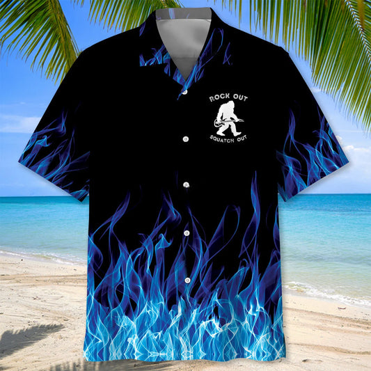 Bigfoot Playing a Guitar Rock on Sasquatch Hawaiian Shirt