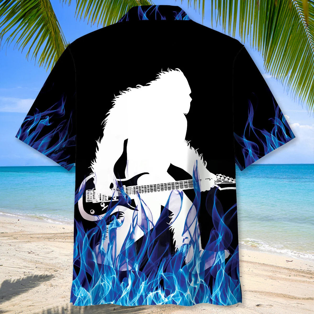Bigfoot Playing a Guitar Rock on Sasquatch Hawaiian Shirt