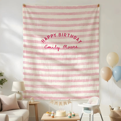 Minimalist Pink Birthday Tapestry Banner Personalized Custom Name Birthday Backdrop Party Decor