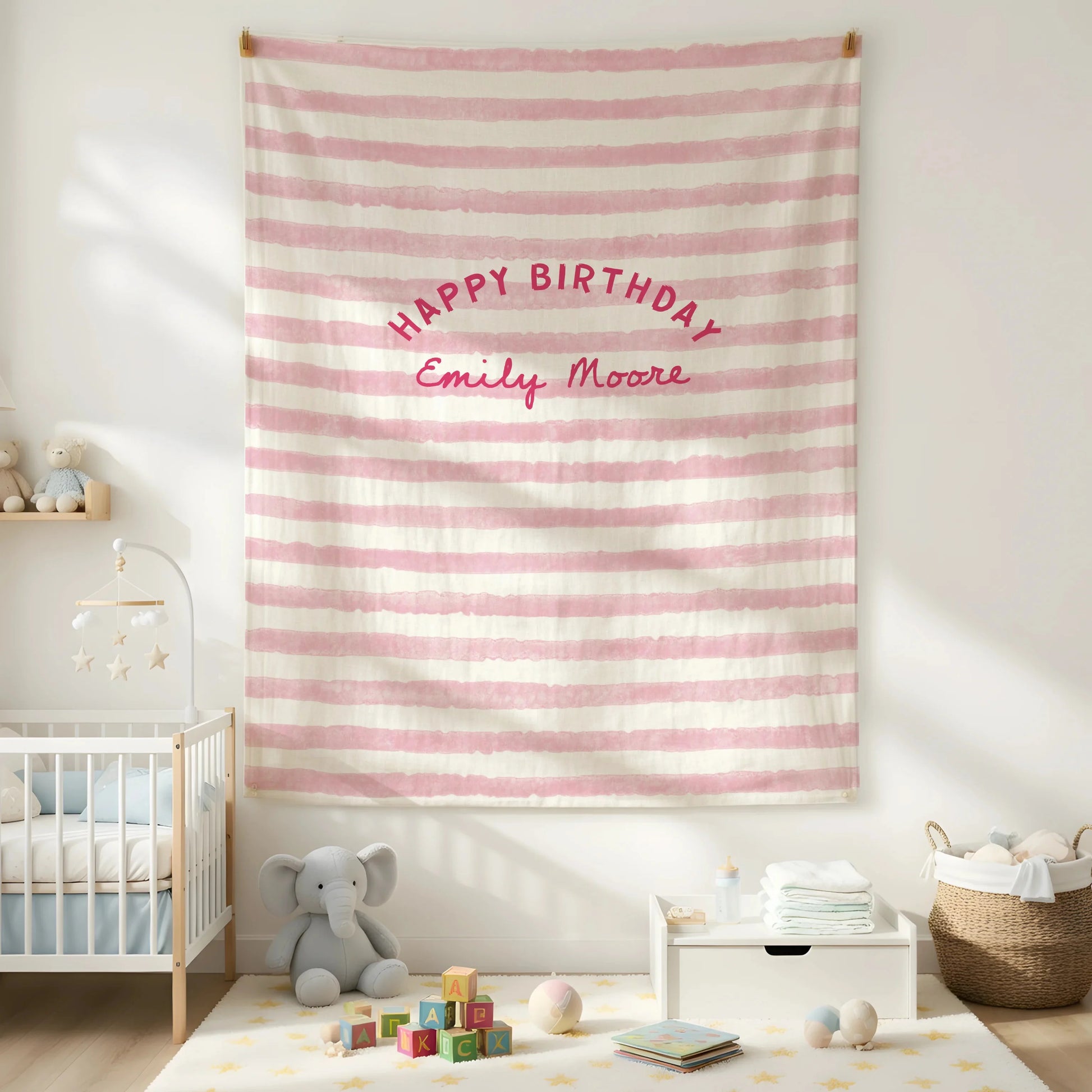 Minimalist Pink Birthday Tapestry Banner Personalized Custom Name Birthday Backdrop Party Decor (view 2)