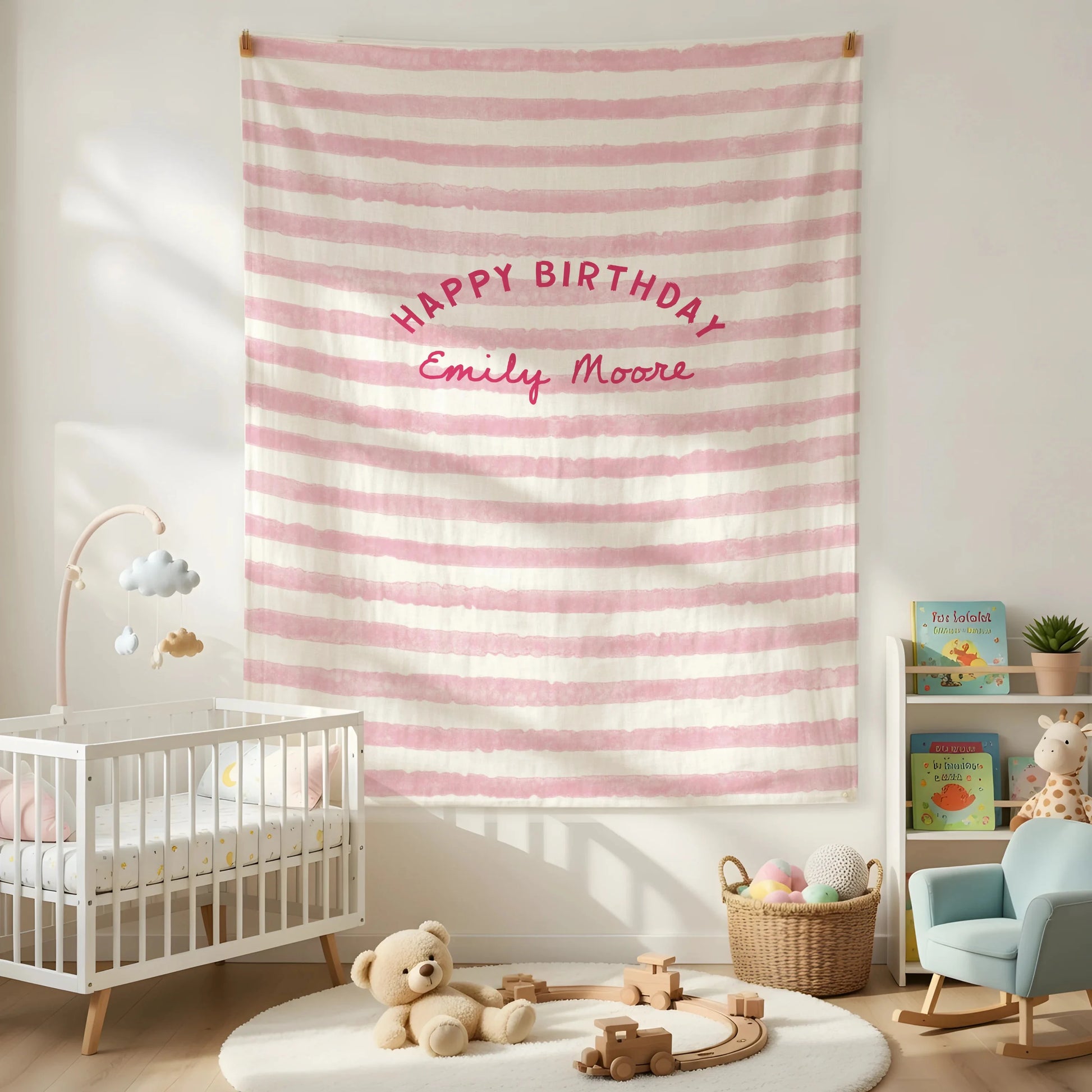 Minimalist Pink Birthday Tapestry Banner Personalized Custom Name Birthday Backdrop Party Decor (view 3)