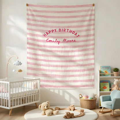 Minimalist Pink Birthday Tapestry Banner Personalized Custom Name Birthday Backdrop Party Decor (view 3)