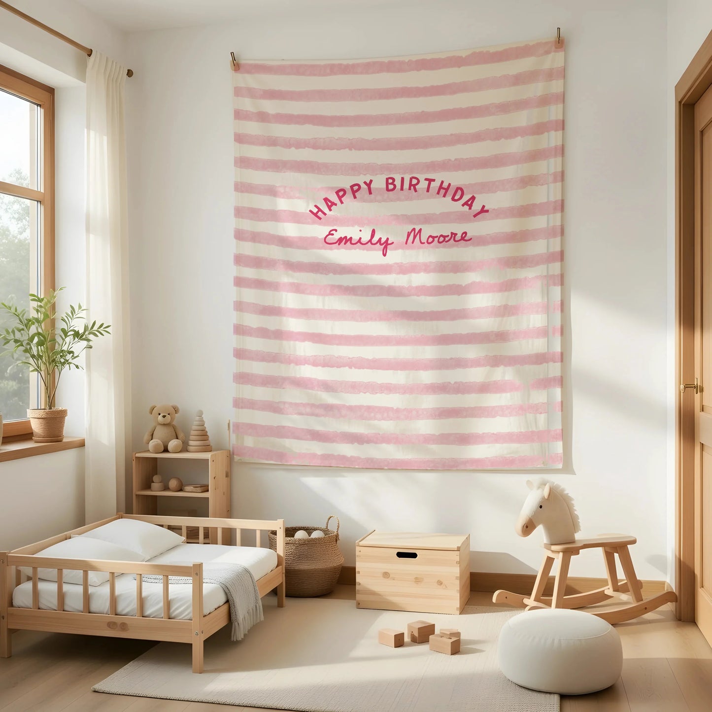 Minimalist Pink Birthday Tapestry Banner Personalized Custom Name Birthday Backdrop Party Decor (view 4)
