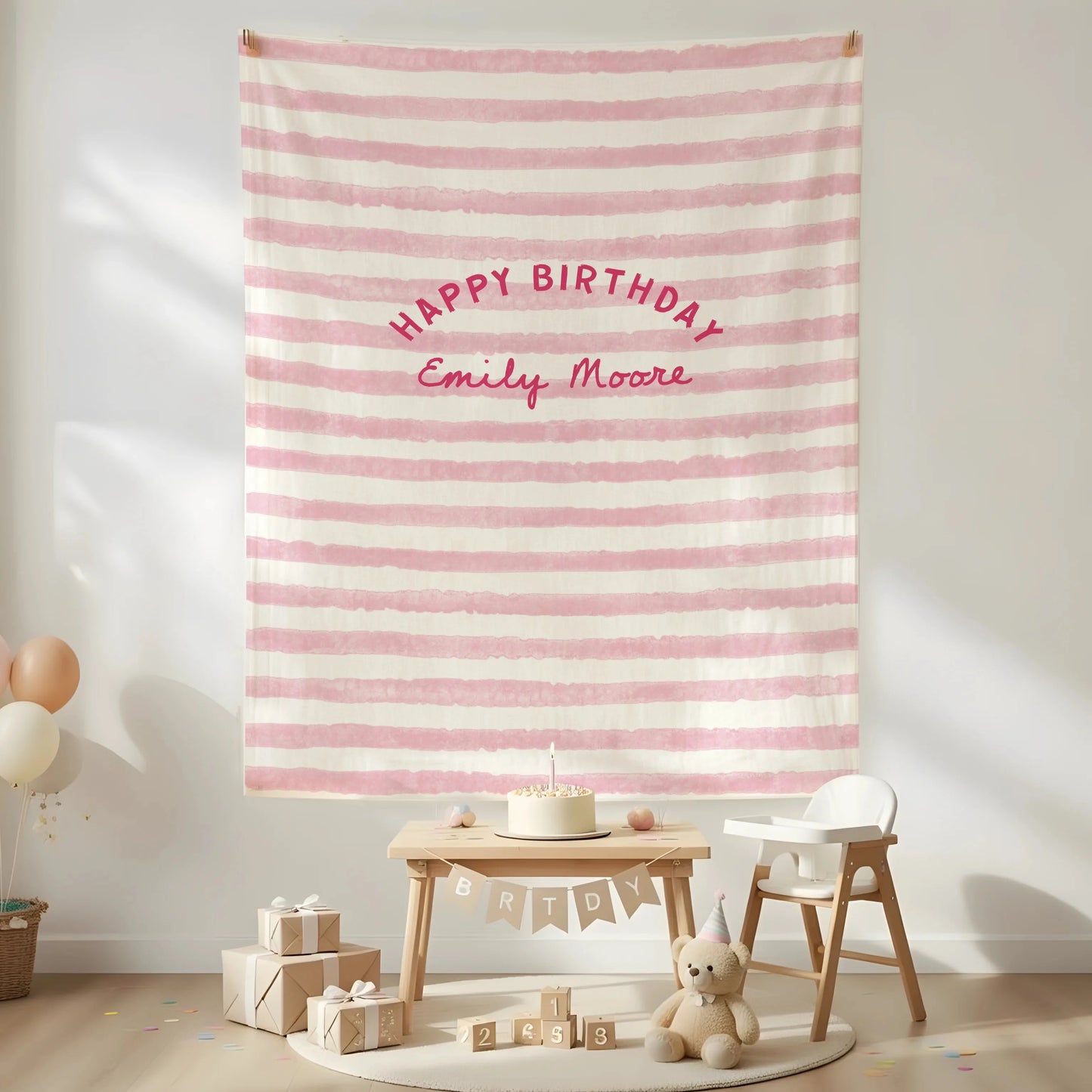 Minimalist Pink Birthday Tapestry Banner Personalized Custom Name Birthday Backdrop Party Decor (view 5)