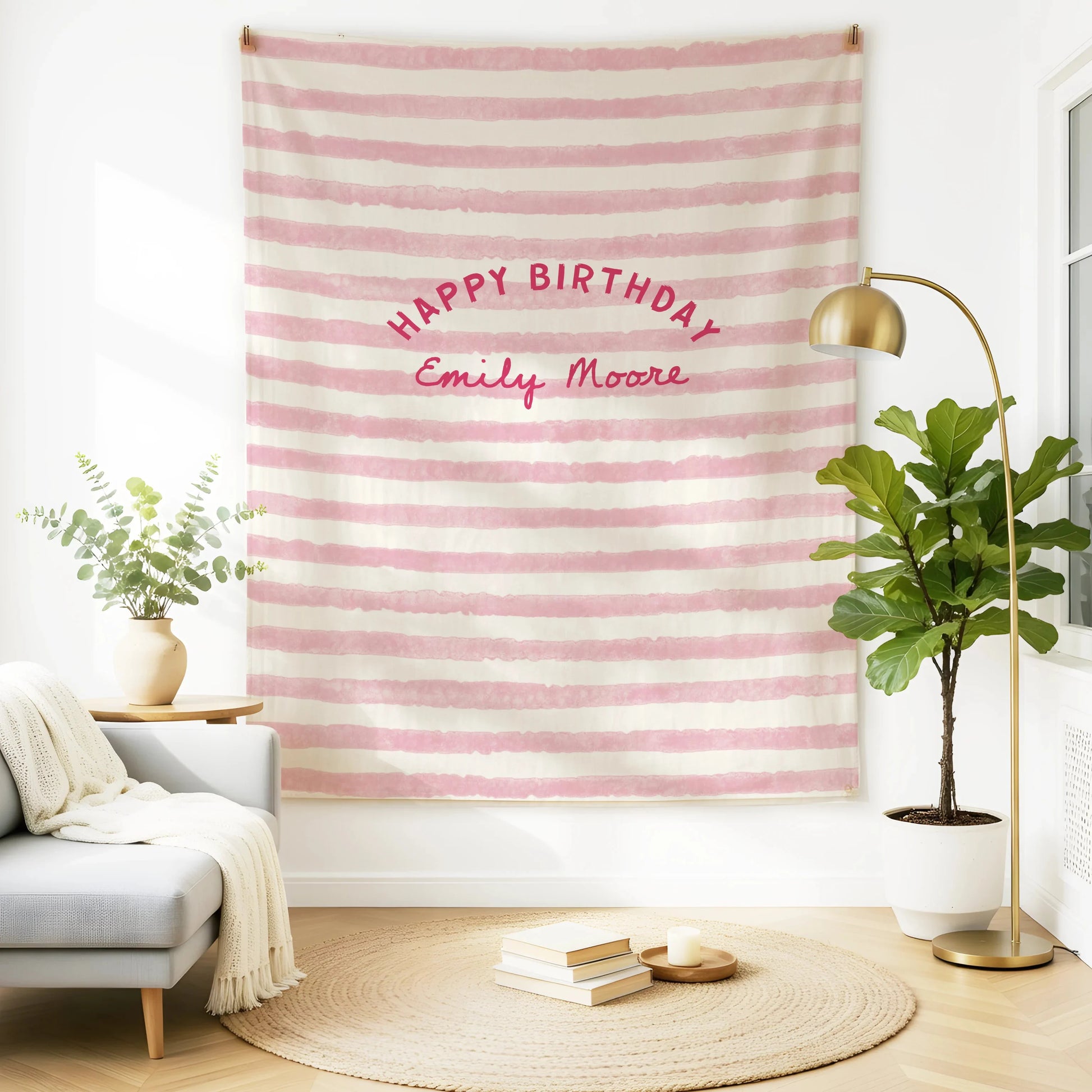Minimalist Pink Birthday Tapestry Banner Personalized Custom Name Birthday Backdrop Party Decor (view 6)