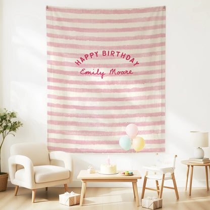 Minimalist Pink Birthday Tapestry Banner Personalized Custom Name Birthday Backdrop Party Decor (view 7)
