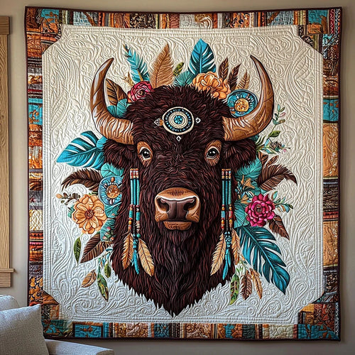 Bison And Flower Quilt Blanket