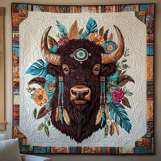 Bison And Flower Quilt Blanket