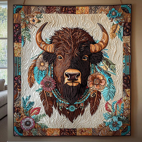 Bison And Flower Quilt Blanket