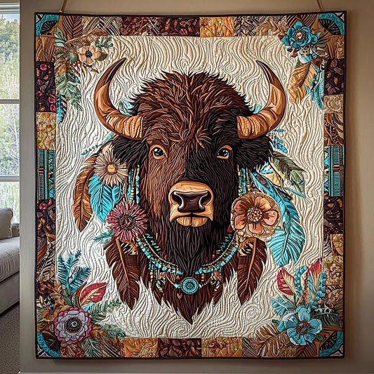 Bison And Flower Quilt Blanket
