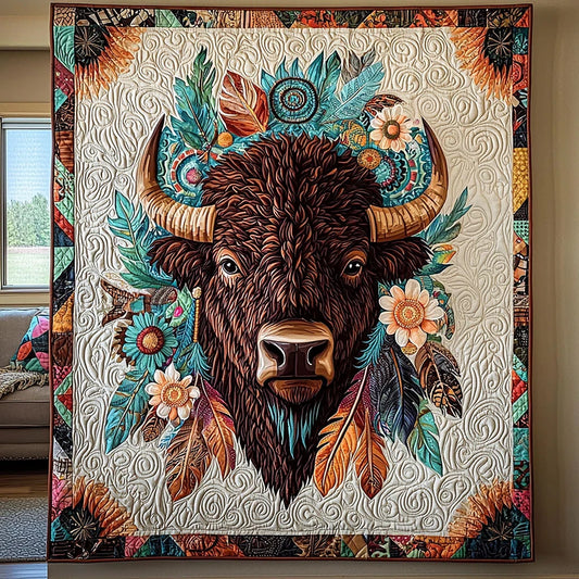 Bison And Flower Quilt Blanket