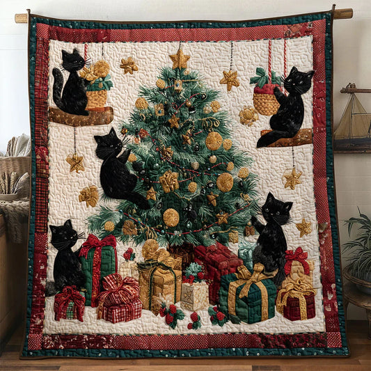 Black Cat Christmas Lights Quilt Blanket