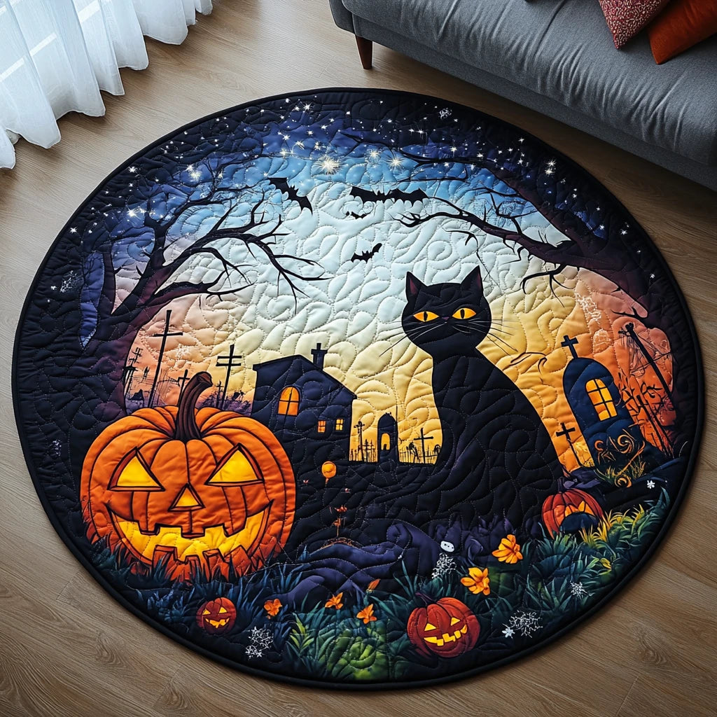 Black Cat Halloween Quilted Round Mat