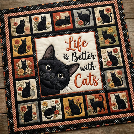 Black Cat Life Is Better With Cats Quilt Blanket