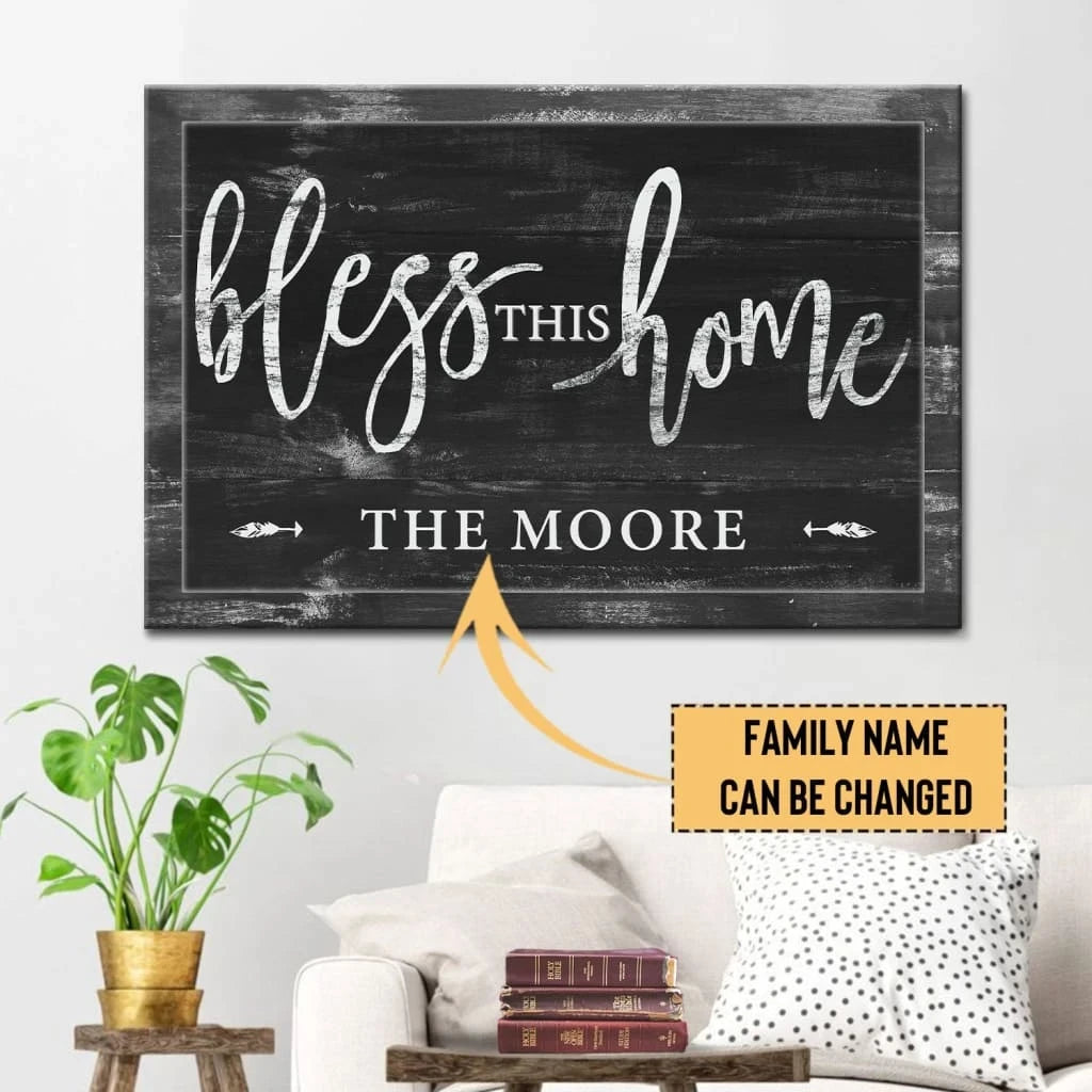 personalized bless this home christian wall art canvas with family name (Landscape)