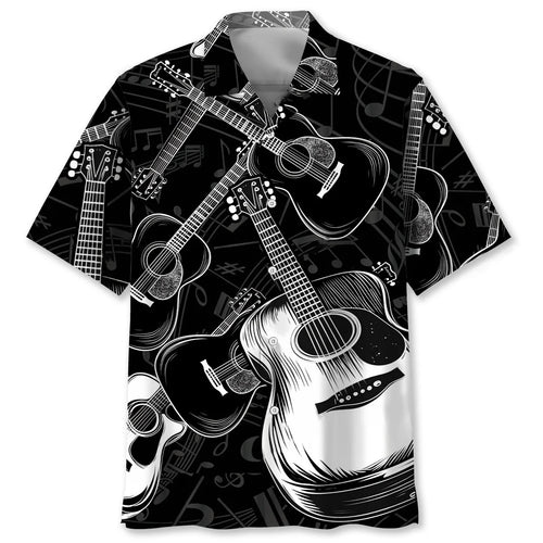 Black and White Acoustic Guitar Hawaiian Shirt