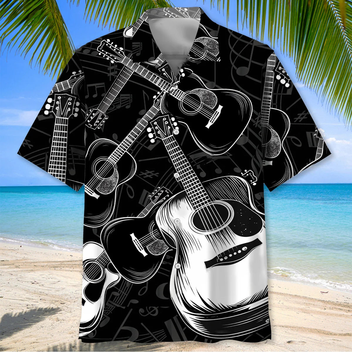 Black and White Acoustic Guitar Hawaiian Shirt