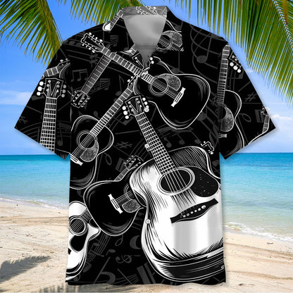 Black and White Acoustic Guitar Hawaiian Shirt