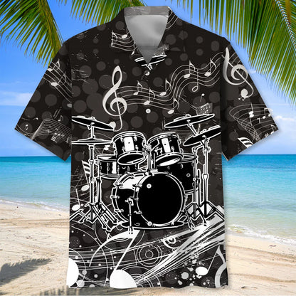 Black and White Graphic Drum Hawaiian Shirt