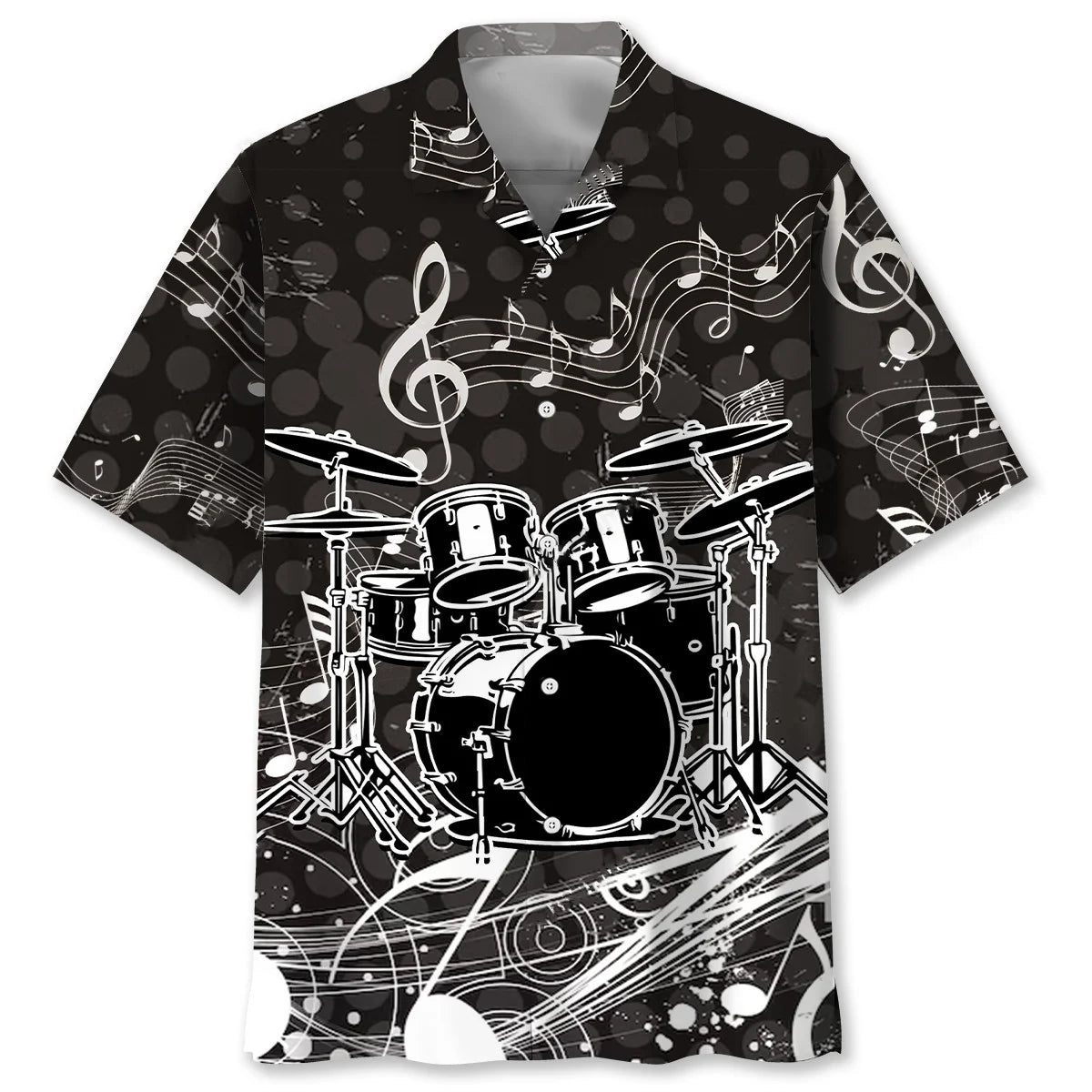 Black and White Graphic Drum Hawaiian Shirt