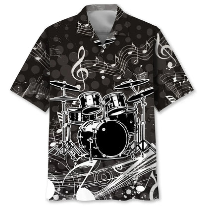 Black and White Graphic Drum Hawaiian Shirt