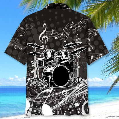 Black and White Graphic Drum Hawaiian Shirt