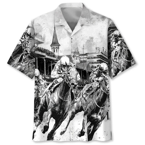 Black and White Horse Racing Hawaiian Shirt
