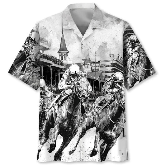 Black and White Horse Racing Hawaiian Shirt