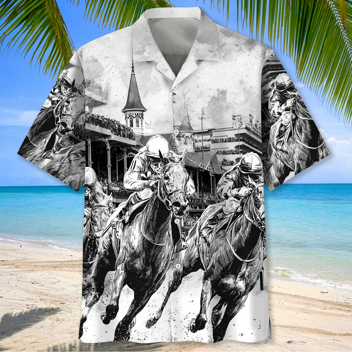 Black and White Horse Racing Hawaiian Shirt