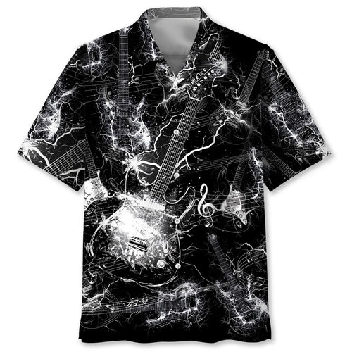 Black and White Lightning Electric Guitar Hawaiian Shirt