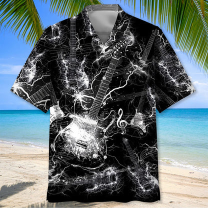 Black and White Lightning Electric Guitar Hawaiian Shirt