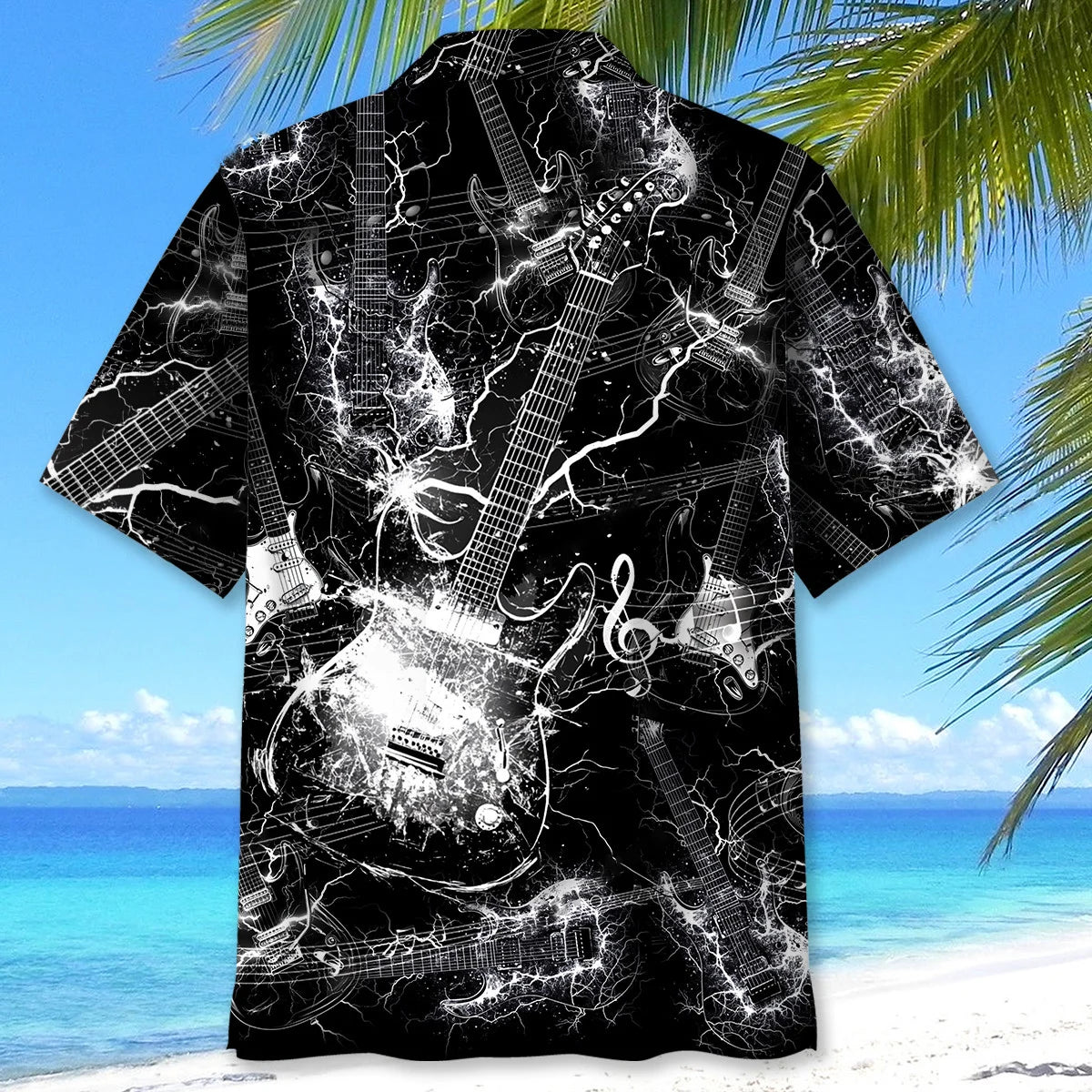 Black and White Lightning Electric Guitar Hawaiian Shirt