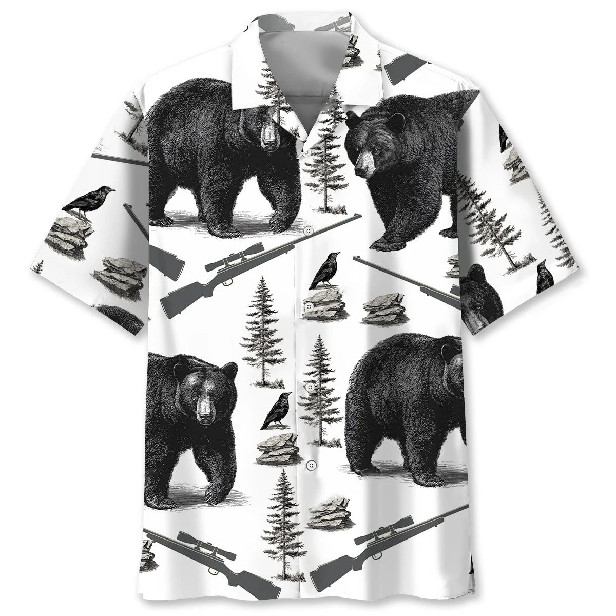 Black Bear Hunting Forest Hawaiian Shirt