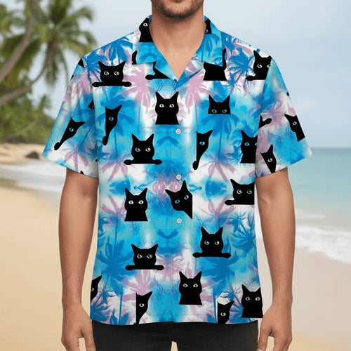 Black Cat Blue Hawaiian Shirt - M - hawaiian shirt
