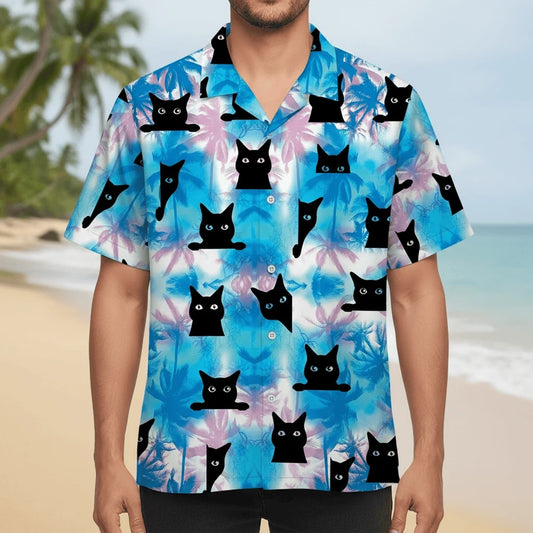 Black Cat Blue Hawaiian Shirt - M - hawaiian shirt