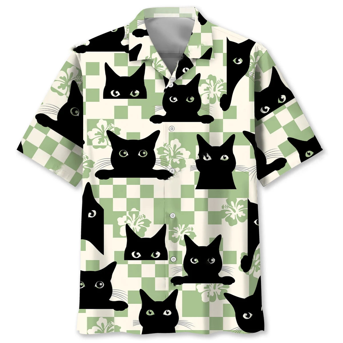 Black Cat Checkerboard Hibiscus Summer Hawaiian Shirt