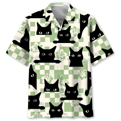 Black Cat Checkerboard Hibiscus Summer Hawaiian Shirt